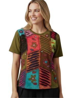 133 Rising International Patchwork Embroidered Top Size Small 100% Cotton